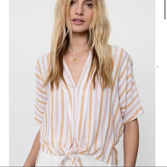 Rails Amber Stripe June Linen V-neck Tie-front Top Size L NWT - Picture 1 of 12